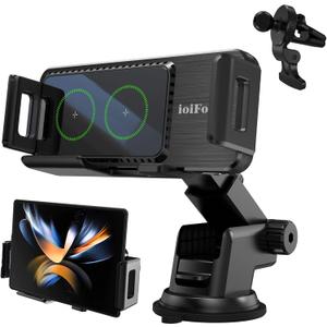 15W Qi Wireless Car Charger Auto-Rotating Dual Coils Fast Charging Vent/Dashboard Phone Mount Holder for Samsung Galaxy Z Fold 7/6/5/S24, iPhone 17/16/15/14 Pro Max, Google Pixel 8/7 Pro (L)