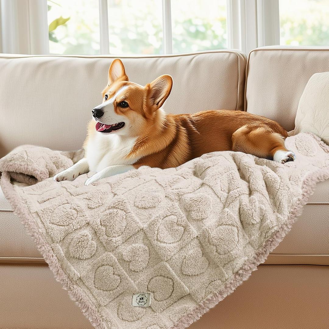 Luciphia Waterproof Dog Blanket for Small Medium Dogs Washable Couch Protector Soft Fluffy 3D Heart Jacquard Puppy Cat Blanket with Sherpa Fleece Cozy Calming Throw Blankets, Beige 57x40 inch