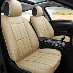 AOOG Leather Car Seat Covers, Leatherette Automotive Vehicle Cover for Cars SUV Pick-up Truck, Universal Non-Slip Vehicle Cover Waterproof Interior Accessories, Full Set, Beige