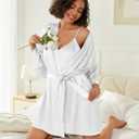 Ekouaer Women's Silk Robe Set V-neck 2 Piece Bridal Party Robes and Satin Bathrobe Set with Pockets (White, L)
