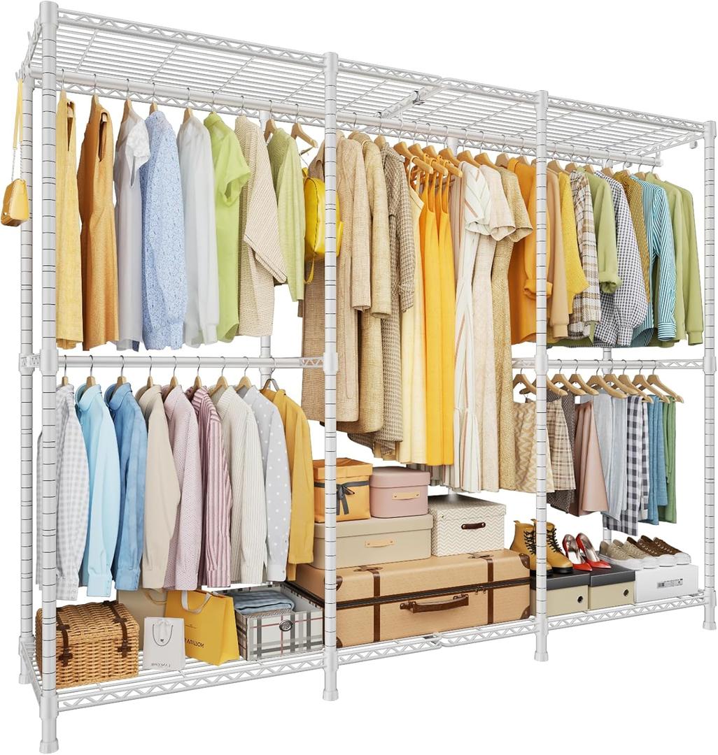 ULIFHOME E14 Pro Heavy Duty Clothes RackFreestanding Clothing Racks for Hanging ClothesAdjustable Closet Organizers and StorageMetal Garment Rack with Shelves 69"W x16"D x77"HMax Load 960LBSWhite