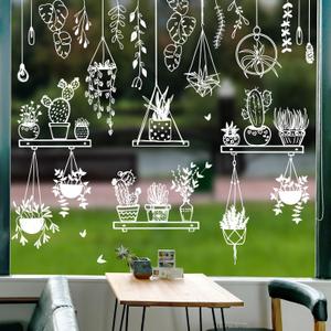 JarThenaAMC 37Pcs Potted Plant Window Clings Spring Summer Window Stickers White Cactus Succulent Double-Sided Glass Decals for Home Classroom Office Party Decor, 9 Sheets