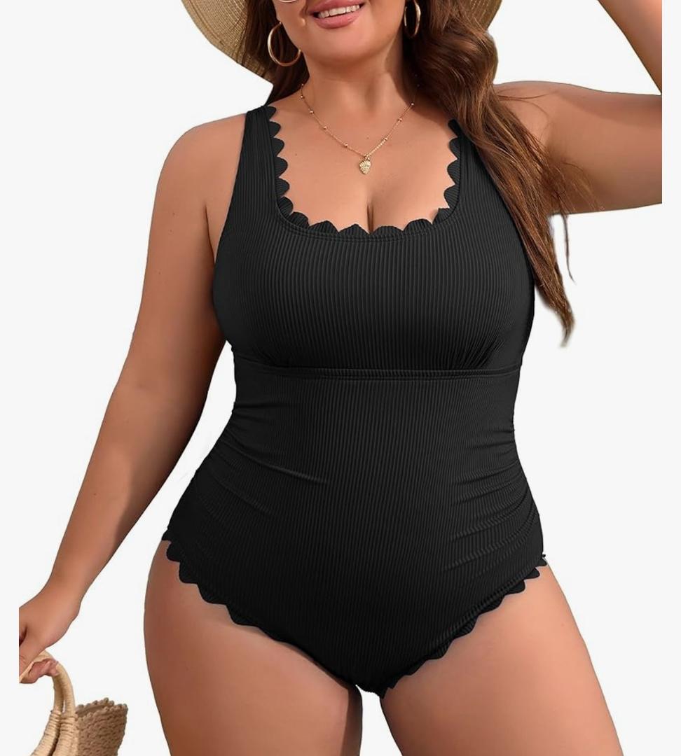 Charmo Plus Size Swimsuit for Women 2025 Tummy Control Scalloped Ribbed One Piece Swimsuits Ruched Modest Bathing Suit Size L