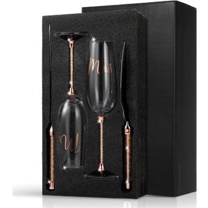 4 Piece Wedding Cake Knife and Champagne Flutes Server Set Mr and Mrs Toasting Flutes Crystal Rhinestone Cake Cutting Set for Bride and Groom Wedding Engagement Bridal Shower Gifts(Rose Gold)