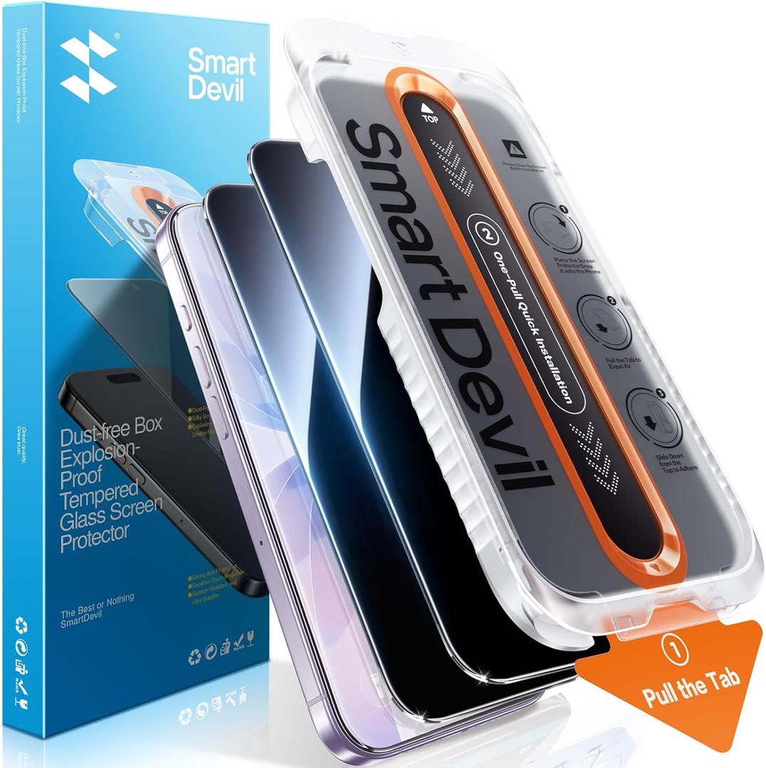 SMARTDEVIL 2 Pack Privacy Screen Protector for iPhone 17, Anti-Spy Tempered Glass Film, 9H Hardness Military Grade Shatterproof, Easy to Install, Auto Bubble-Free and Dust-Free Box, Case Friendly