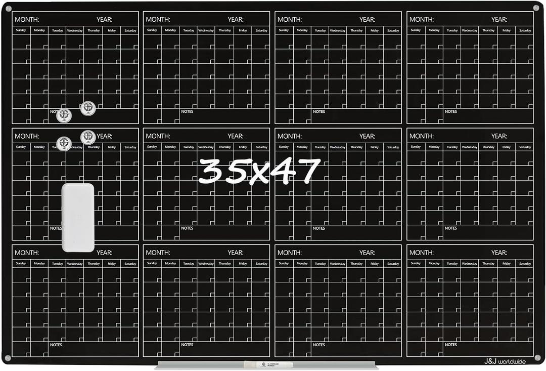 Magnetic Whiteboard Calendar Black Glass Board Yearly Calendar - 35" X 47" Large Wall Calendar - White Board Dry Erase Planner for Wall Home, School, Office