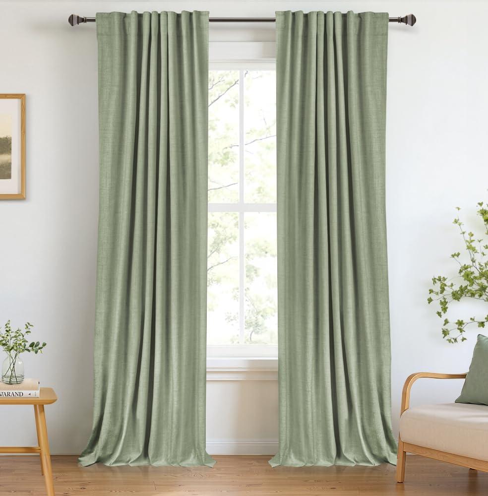 100% Blackout Shield Linen Blackout Curtains for Bedroom 90 Inches Long, Back Tab/Rod Pocket Living Room Drapes, Thermal Insulated Blackout Curtains 2 Panels Set, 50" W x 90" L, Sage
