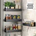 Alphyse Magnetic Spice Rack for Refrigerator, 11.8 Inch Adhesive Wall Mount Spice Rack, Strong Magnetic Shelf for Refrigerator, Space Saving Kitchen Organizer with 8 Removable Hooks (Black，2 Pack)