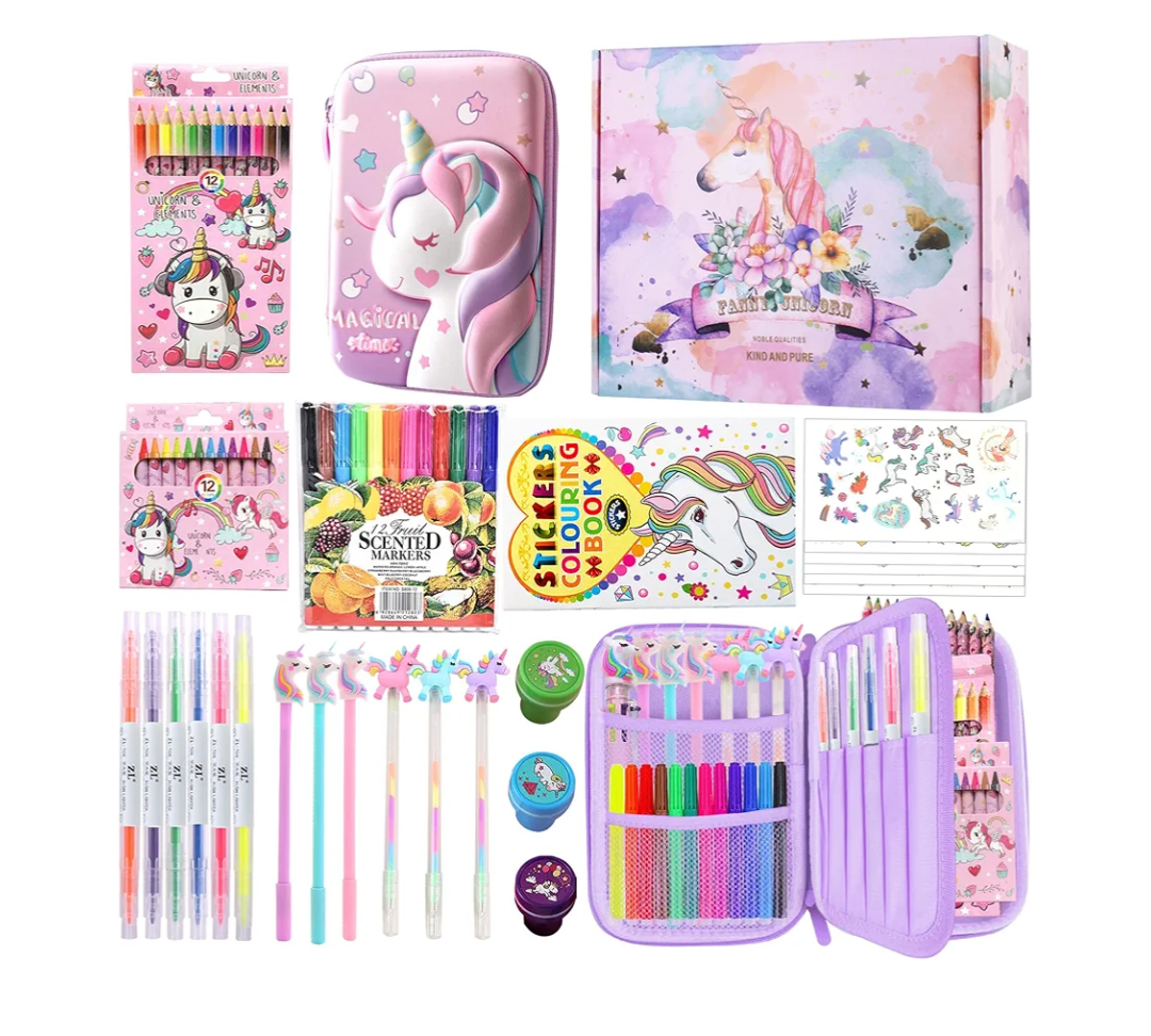 Fruit Scented Markers Set,56 Pcs Art Supplies for Kids Unicorns Gifts for Girls, Markers Set with Unicorn Pencil Case Art Supplies for Kids Craft Coloring (Purple)