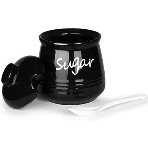 HAOTOP 12oz Sugar Bowl with Lid and Spoon,Ceramic Sugar Jar Sugar Dispenser Sugar Container Coffee Bar Accessories, Kitchen Countertop Canisters, Black