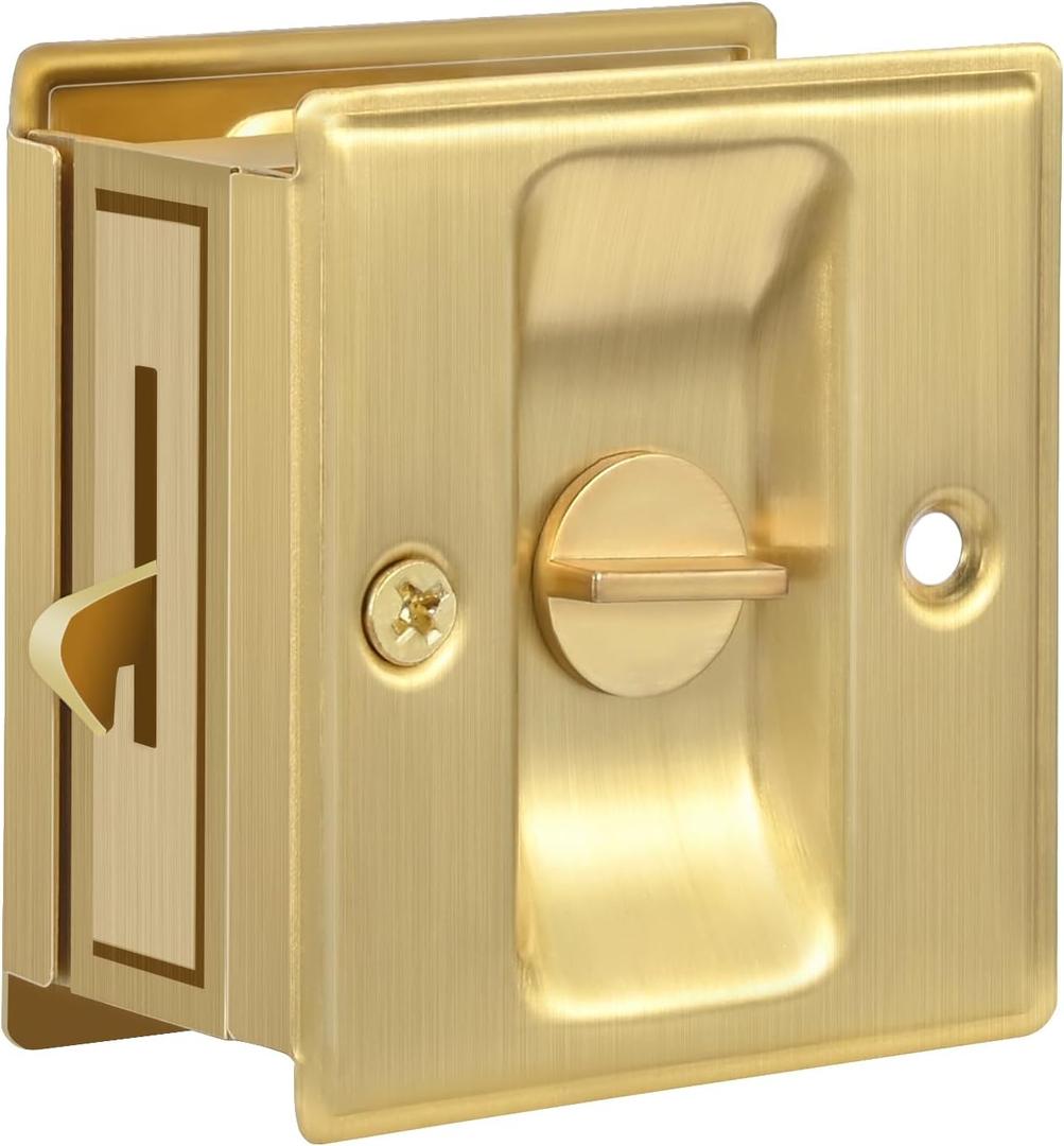 HOMOTEK 1 Pack Privacy Sliding Door Lock with Pull - Replace Old Or Damaged Pocket Door Locks Hardware Quickly and Easily, 2-3/4x2-1/2, for 1-3/8 Thickness Door,Brushed Brass