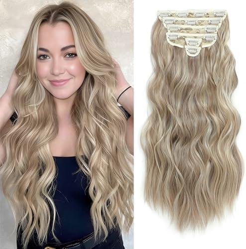 Clip in Hair Extensions for Women, 6PCS Long Wavy Curly Clip on Hair Extensions 16 Inch Dirty Blonde Mixed Gold Synthetic Hairpieces Clip in Hair Extensions for Women, 6PCS Long Wavy Curly Clip on Hair Extensions 16 Inch Dirty Blonde Mixed Gold Synthetic Hairpieces