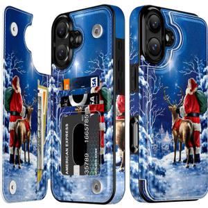 LETO Christmas Wallet Phone Case for iPhone 16 Plus - Flip Folio Leather Kickstand - Credit Card Holder - Shockproof Protective Cover for Women and Girls - Santa with Deer