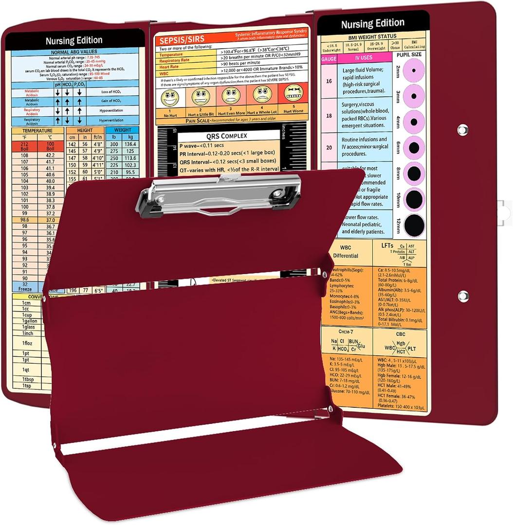 Foldable Nursing Clipboard with Cheat Sheets for Nurse Students, Wine Red