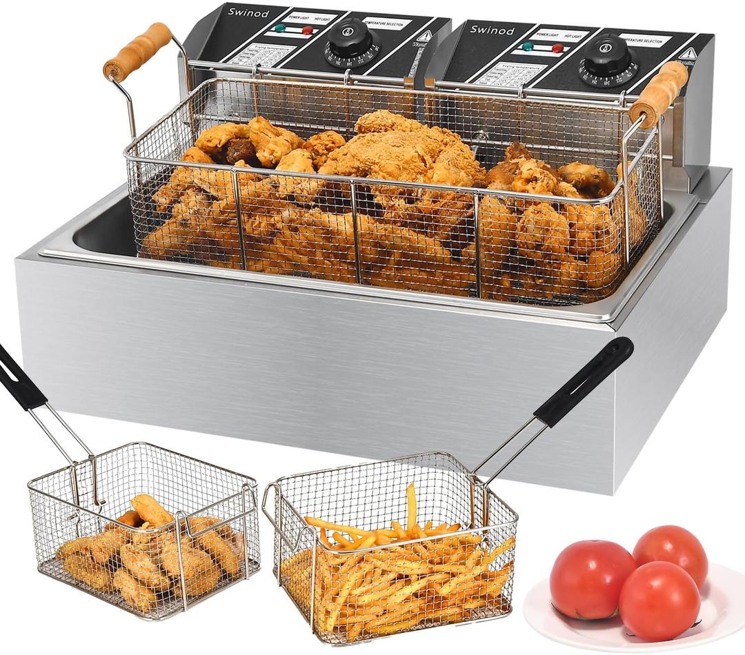 Commercial Deep Fryer with Baskets, 3400W 12.7QT/12L Thickened Stainless Steel Countertop Electric Oil Fryer, Large Capacity with Temperature Control (12L Pro)