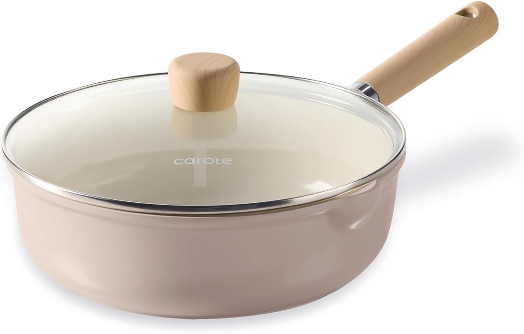 CAROTE Ceramic Nonstick Frying Pan Skillet with Lid, 10" Deep Frying Pan, 4 QT Saute Pan wilt Lid, Non Stick Chef's Pan, Non-toxic Healthy, PFOA/PFAS Free, Induction-Compatible, Taupe