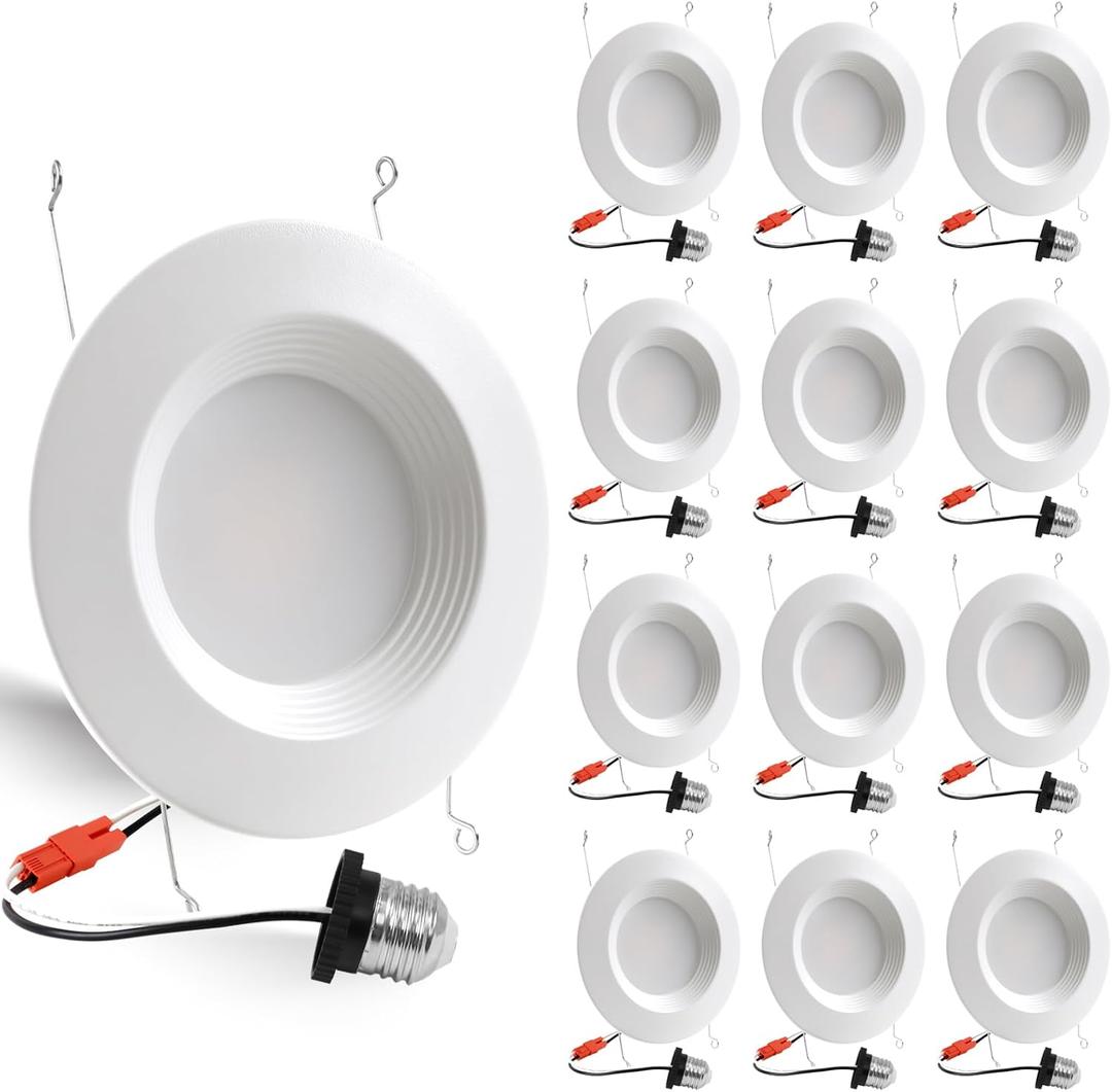 Energetic LED Can Light 5/6 Inch Dimmable, 12W=150W, Daylight 5000K, 1000LM, IC Rated & ETL Listed, LED Recessed Lighting Retrofit Downlight, Metal Baffle Trim, Wet Rated, 12 Pack