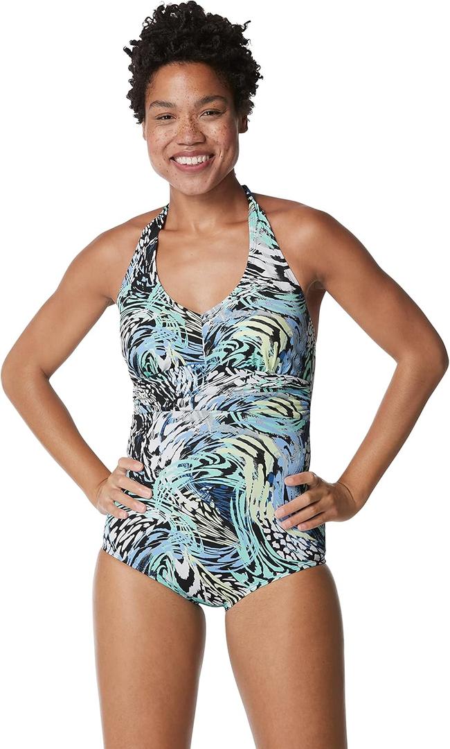 Speedo Women's Swimsuit One Piece V-Neck Shirred Halter Moderate Cut (12)