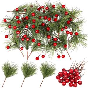 CCINEE 96Pcs Artificial Green Pine Needles Branches Red Berry Picks for Crafts, Greenery Stems Mini Holly Berries Pine Picks Twigs for Christmas Tree Garland Wreath Embellishing Holiday Decorations