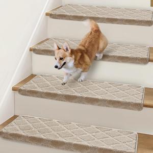 Bullnose Stair Treads Non Slip 9.5" x 36", 14 Pcs Carpet Stair Treads for Wooden Steps Indoor with Edge Protection, Reusable Peel and Stick TPU Backing Stair Runner Rugs - Diamond Pattern Beige Grey