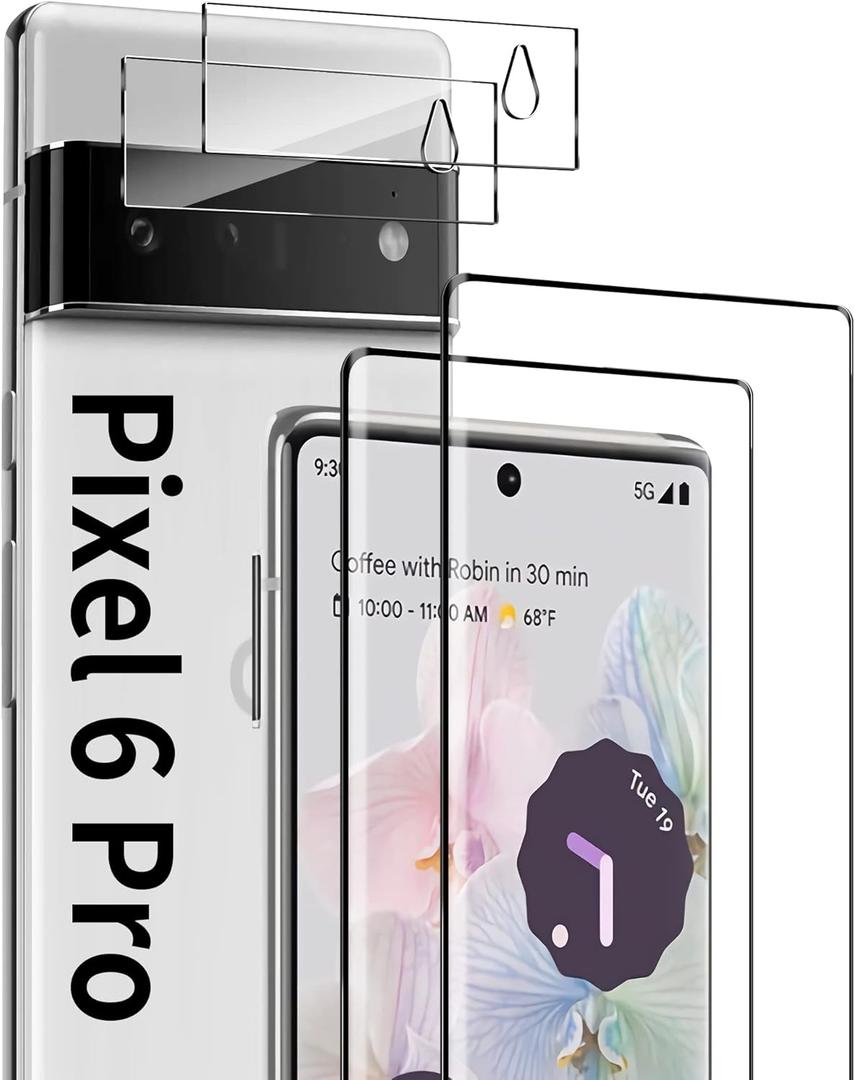 [2+2 Pack] for Google Pixel 6 Pro Screen Protector and Camera Lens Protector, 9H Tempered Glass, Ultrasonic Fingerprint Compatible, 3D Curved, HD Clear 5G Glass