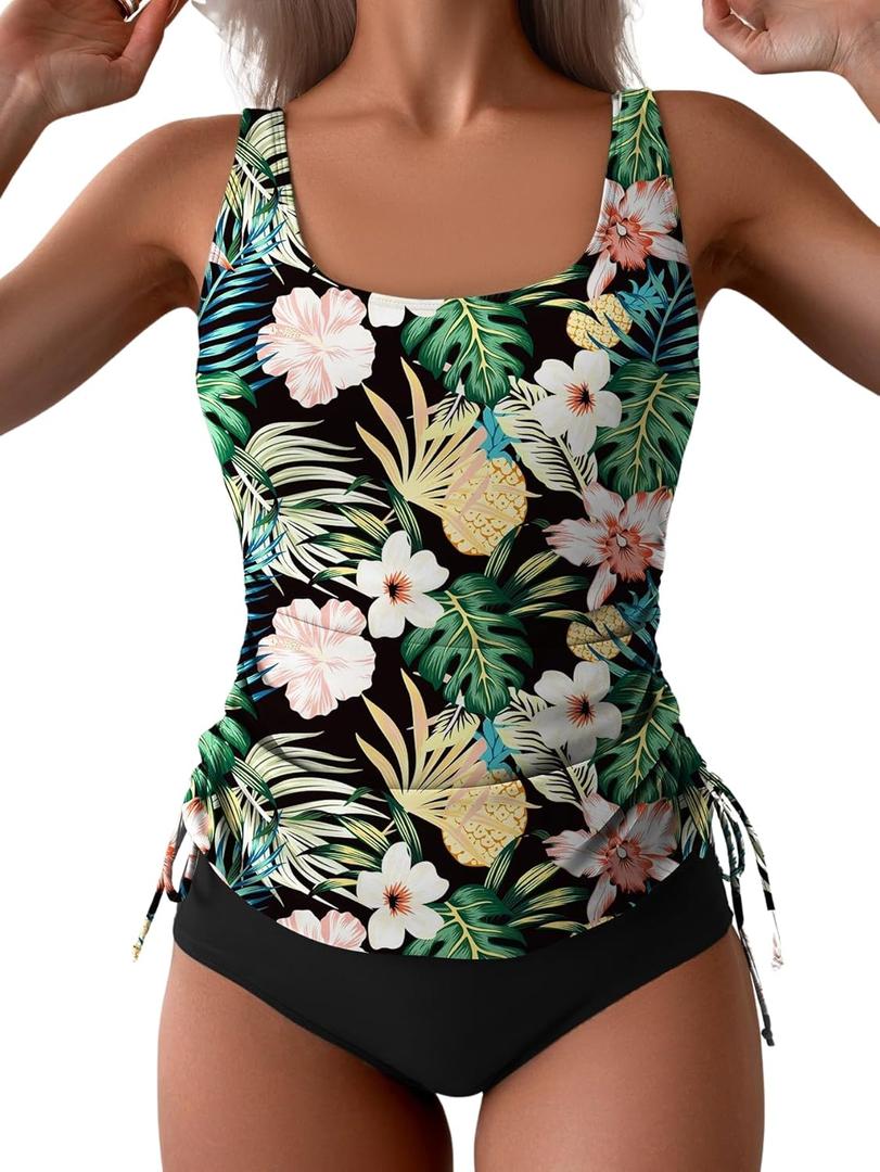 B2prity Tummy Control Tankini Swimsuit for Women Ruched Two Piece Bathing Suit Drawstring Swimwear with Bottom (XX-Large, Black,printed)