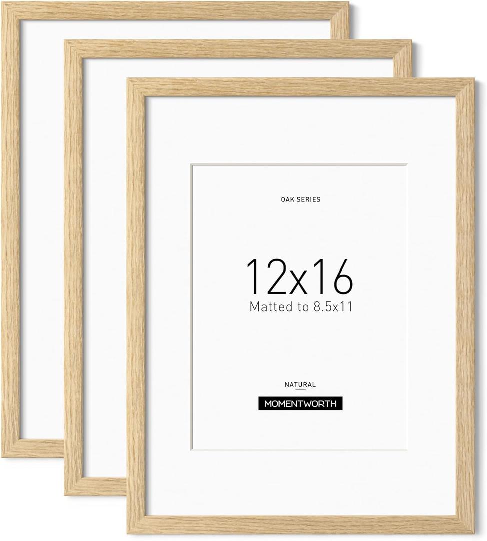 12x16 Frame with Mat for 8.5x11 set of 3, Solid Oak Wood 12x16 Picture Frame for Wall Mount - Wall Decor for Home, Office & Galley(3 Pack,Oak)