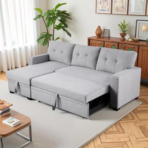 L Shaped Sleeper Sofa Bed with Storage Chaise, 53 Inch Pull Out Sofa Couch Bed for Living Room Sectional Linen Couch for Apartment, Bedroom, Living Room, 3 Seat, Gray