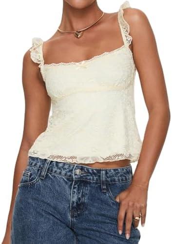 Women Y2k Lace Trim Tank Tops Teen Girl Fairycore Sleeveless Solid Going Out Streetwear Summer Crop Camisole, Medium