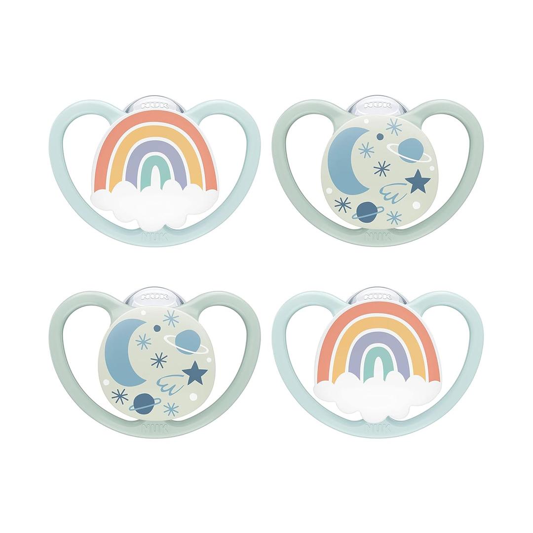 NUK Space Glow-in-The-Dark Orthodontic Pacifiers (0-6 Month, Moon + Rainbow)
