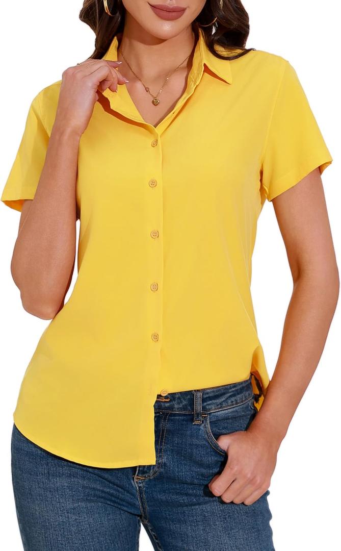 GUANYY Short Sleeve Shirts for Women Plus Size Button Down Blouses Dressy Casual Classic Fit V Neck Tops (Yellow, XXL)
