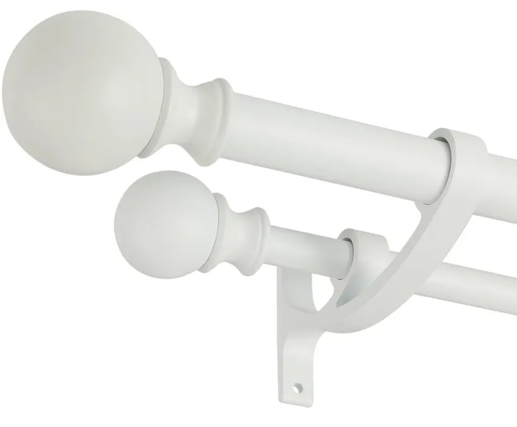 Matte White Double Curtain Rod 48 to 84 Inch - Decorative Window Rod With Round Finials, 1-Inch Front and 5/8 Inch Back