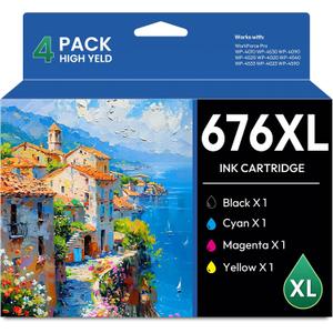 676XL Ink Cartridges (with New Chip) Remanufactured for T676XL T676XL120 T676XL220 T676XL320 T676XL420 Ink for Workforce Pro WP-4010 WP-4020 WP-4090 WP-4520 WP-4530 WP-4540 WP-4590 Printer (4-Pack)