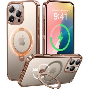 CASEKOO 360 Spin Magnetic Stand for iPhone 16 Pro Max Case Desert Titanium [Compatible with Magsafe][16FT Military Protection] Slim Hand-Polished Frame Titanium Alloy Sturdy Stand 6.9", Rose Gold