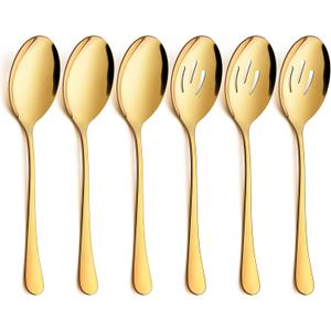 LIANYU 6-Piece Gold Serving Spoons, Stainless Steel Gold Slotted Spoons, Serving Utensils for Party Buffet Restaurant Banquet Dinner Catering, 8 3/4 Inch, Dishwasher Safe (Medium)
