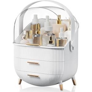 Makeup Storage Organizer with Lid, Waterproof Cosmetics Skincare Organizer for Vanity, Portable Makeup Storage Box for Countertop, Gifts, Women (White)