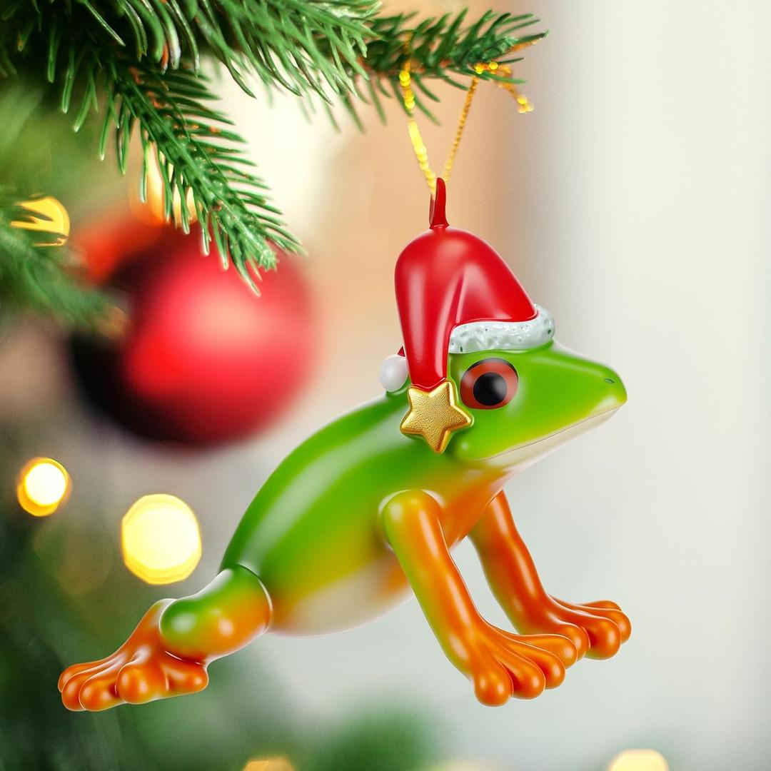 Frog Christmas Tree Ornaments, Red Eyed Tree Frog Hanging Craft, Resin Animal Miniature Figurine Statue, for Men Women, for Home Xmas Holiday Birthday Party Decoration