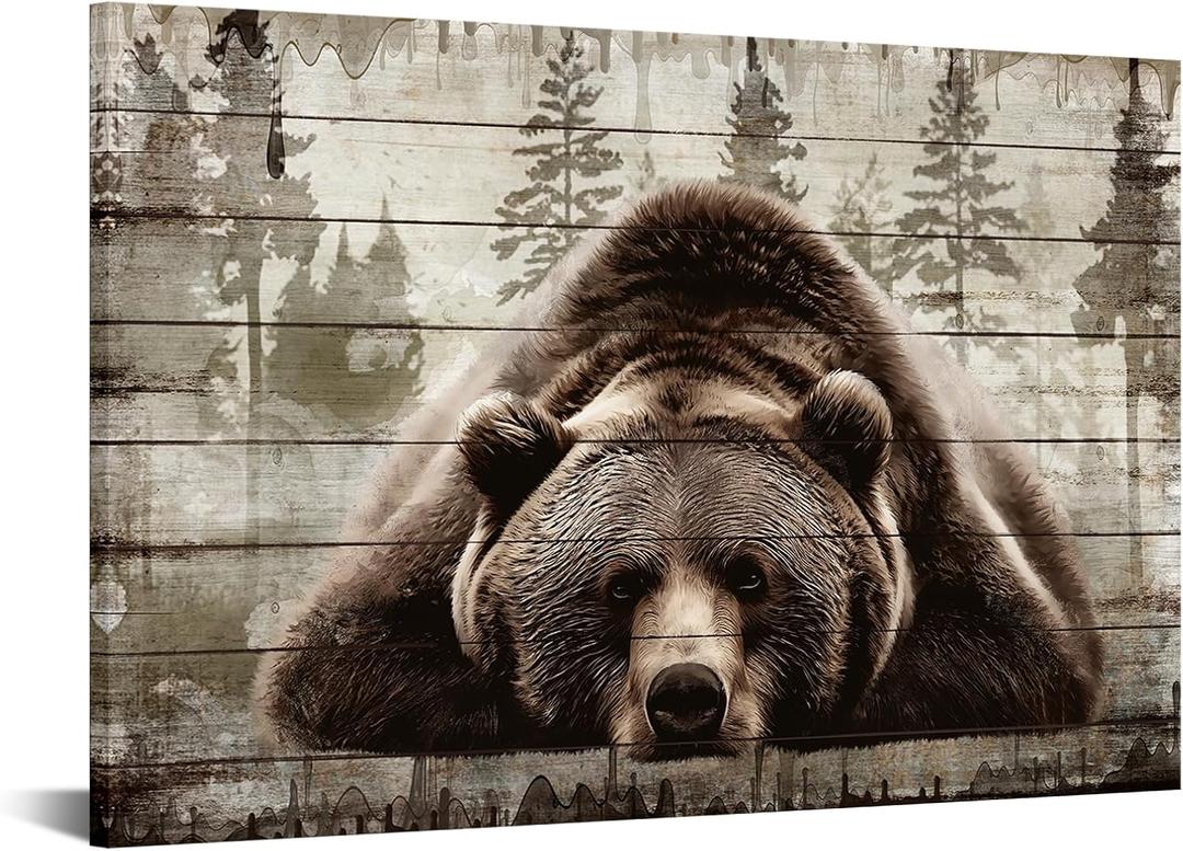 iKNOW FOTO XLarge Brown Wall Art Painting Grizzly Bear Prints On Canvas Vintage Forest Wildlife Animal Pictures Wall Art for Home Cabin Decoration Rustic Farmhouse Decor 48x32 Inches