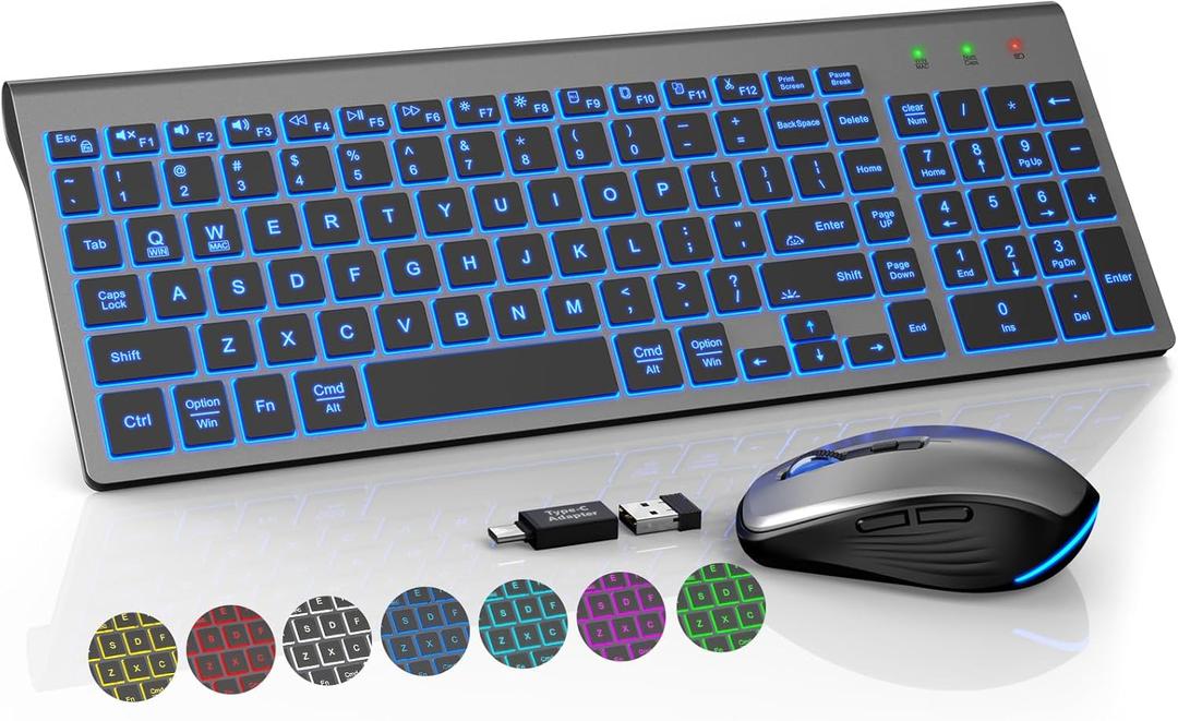 SABLUTE Wireless Keyboard and Mouse Combo Backlit - Compact Quiet Keyboard with RGB Mouse, Rechargeable, Slim, Sleep Mode, Portable Cordless Keyboard Mouse Set for Mac, Windows, Laptop (Space Gray)