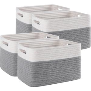 4 Pack Storage Baskets for Organizing, Woven Baskets for Shelves - Perfect for Toys, Books, Towels, and Clothes, Durable Gift Basket Bins Toy Storage, 12.7''L x9''W x7.8''H, Grey and White