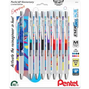 Pentel EnerGel Expressions, 60th Anniversary Limited Edition Pack, ICE Liquid Gel Pens, (0.7mm) Medium Line, Assorted Ink Colors, Pack of 8 (BL77TLABP8M)