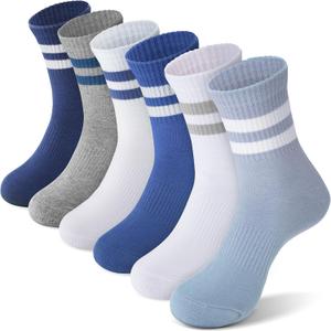 ANTSANG Kids School Athletic Sports Cotton Socks, Breathable Soft Crew Socks for Teen Girls Boys, 6 Pairs (9-14 Years, Dark Stripes)