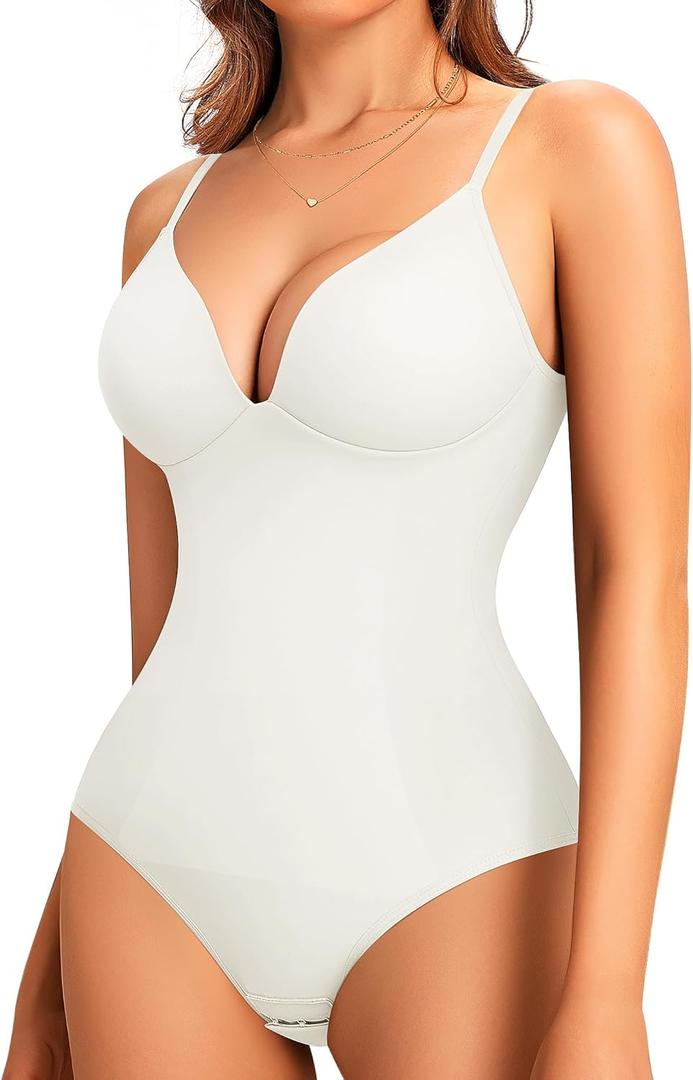 LODAY Shapewear Bodysuits for Women Deep V Neck Body Suit with Built in Bra (X-Small, White)
