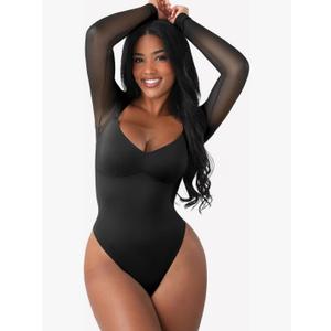 FeelinGirl Long Sleeve Bodysuit for Women Sexy Mesh V Neck Body Suits Thong Corset Top Going Out Outfits for Party XL