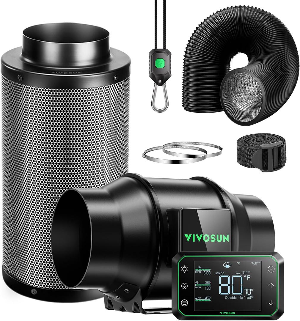 VIVOSUN Smart Air Filtration PRO G6 Kit 6", AeroZesh G6 Inline Duct Fan w/GrowHub E42A Temp. Humidity WiFi-Controller, Carbon Filter & Ducting, Cooling & Ventilation System for Grow Tent, Hydroponics (Black+green Blades)