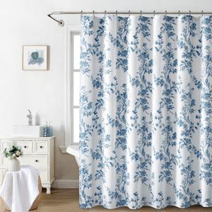 Awellife Light Blue Shower Curtain,Cotton Floral Cottagecore Spring Shower Curtain for Bathroom 72" W x 72" L,Teal Blue