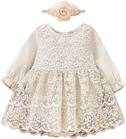Newborn Baby Girl Floral Lace Romper Dress Headband Toddler First Birthday Baptism Outfits Princess Jumpsuit Bodysuit, Size 92