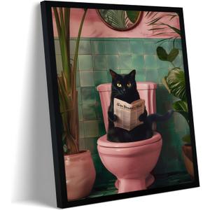 Framed Vintage Cat Canvas Wall Art, Funny Pink Animal Reading Books Painting Picture Print, Cute Kitten Lovers Aesthetic Wall Decor for Nursery Girls Room Bedroom Kids Room 16''L x 12''W