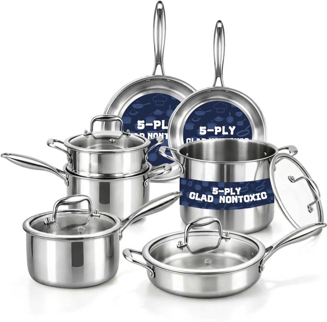 Stainless Steel Cookware Set, Full 5-Ply, 11-Piece