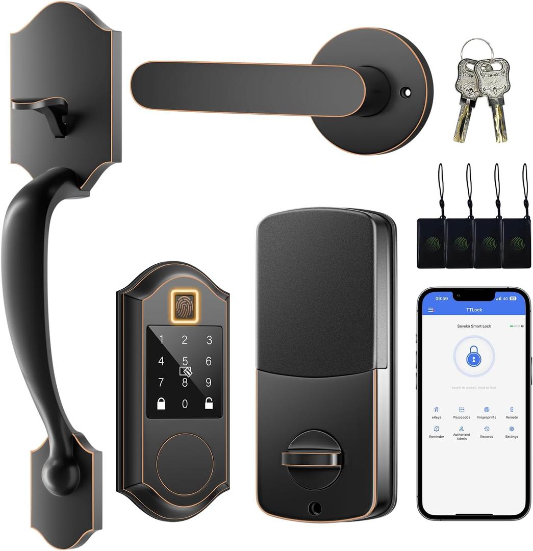 Fingerprint Smart Front Door Lock Set, Keyless Entry Door Lock with Handle, Smart Door Locks, Front Door Handle with Keypad and Deadbolt, APP Control, Touchscreen, Oil Rubbed Bronze